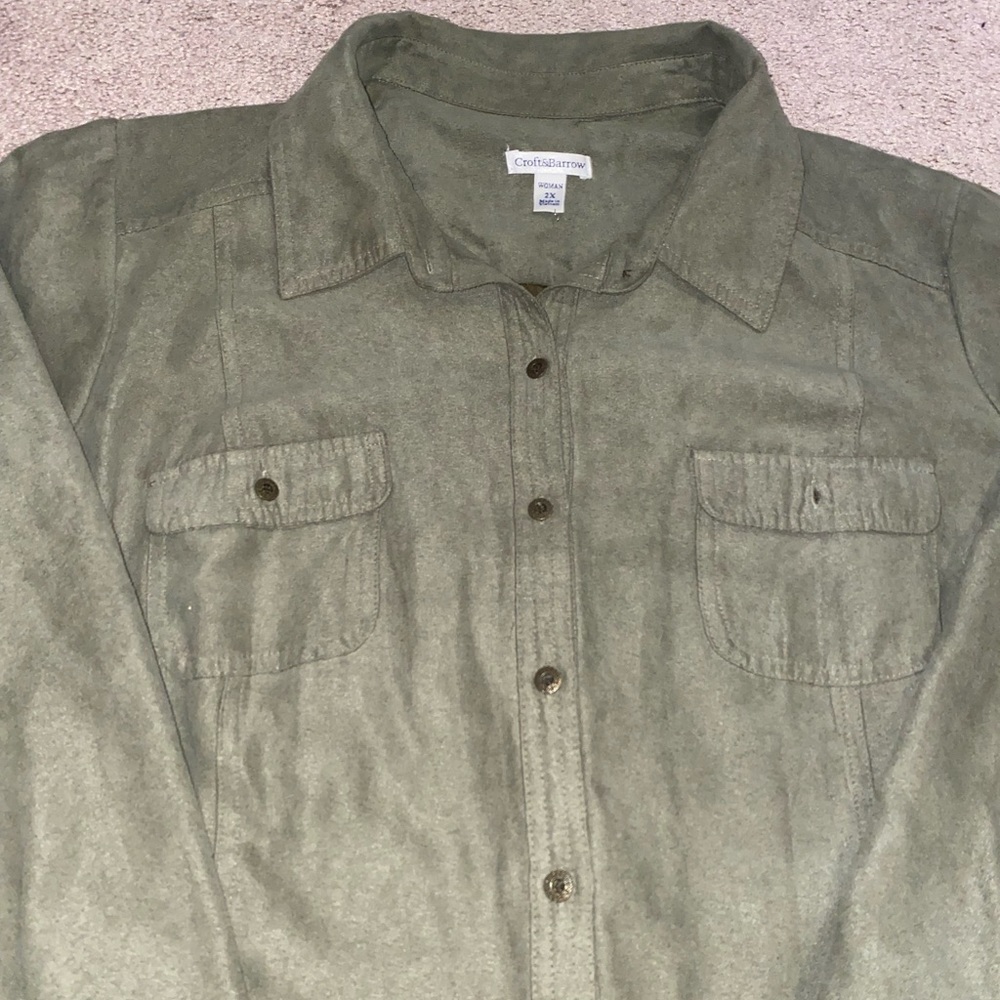 Green suede button up jacket.